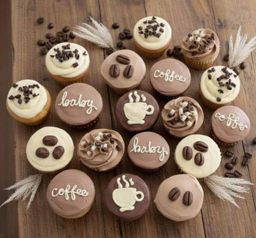 Assorted cupcakes with brown and white frosting, decorated with coffee beans, chocolate chips, and words like “coffee,” “baby,” and a coffee cup, arranged on a wooden surface.