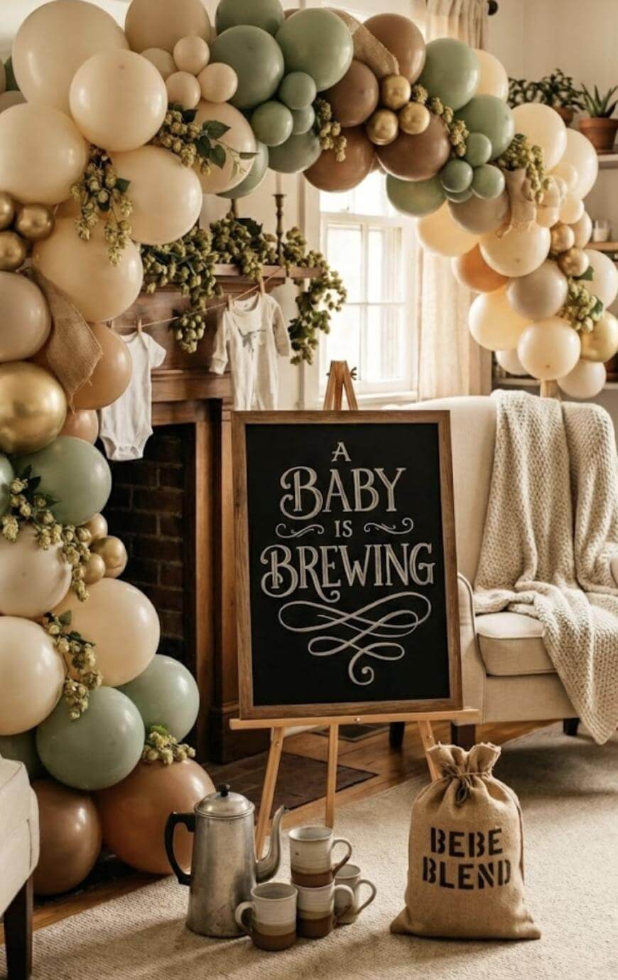 A baby shower scene with pastel balloon garlands, a chalkboard sign reading A Baby Is Brewing, a cozy chair, a burlap sack labeled Bebe Blend, and a coffee set on a rug in a warmly lit living room.