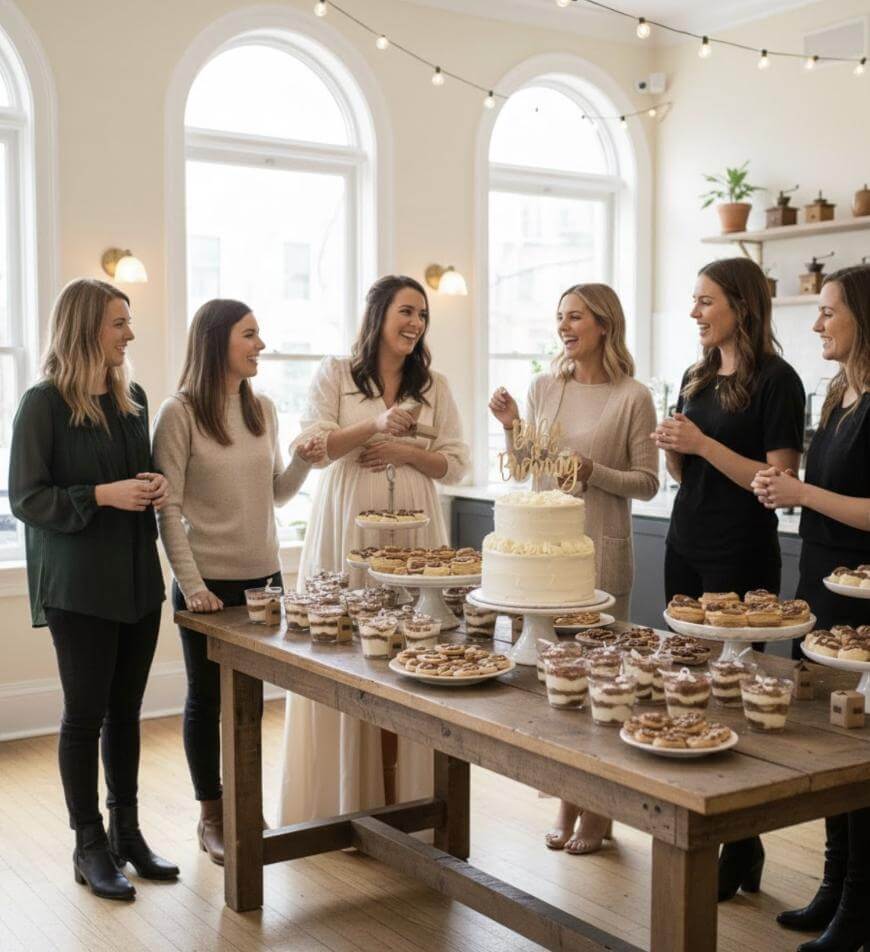 A group of women stand around a table filled with desserts and a large cake at a bright indoor party, decorated with string lights and plants. One woman wears a white dress, and everyone appears to be celebrating together.
