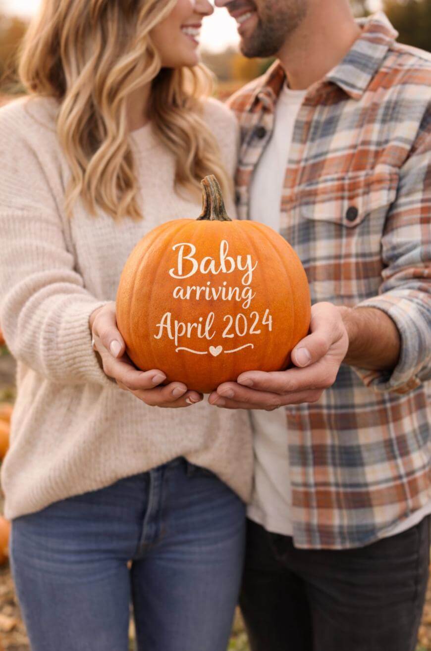 A couple stands close together outdoors, holding a pumpkin with the words Baby arriving April 2024 written on it, announcing their pregnancy. Their faces are partially out of frame.
