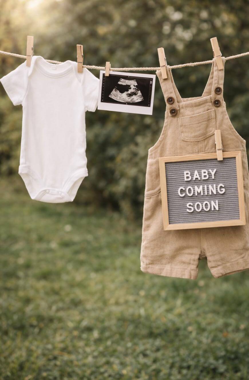 A clothesline outdoors displays a white baby onesie, an ultrasound photo, tan overalls, and a letter board sign that reads BABY COMING SOON. The background is green and blurred.