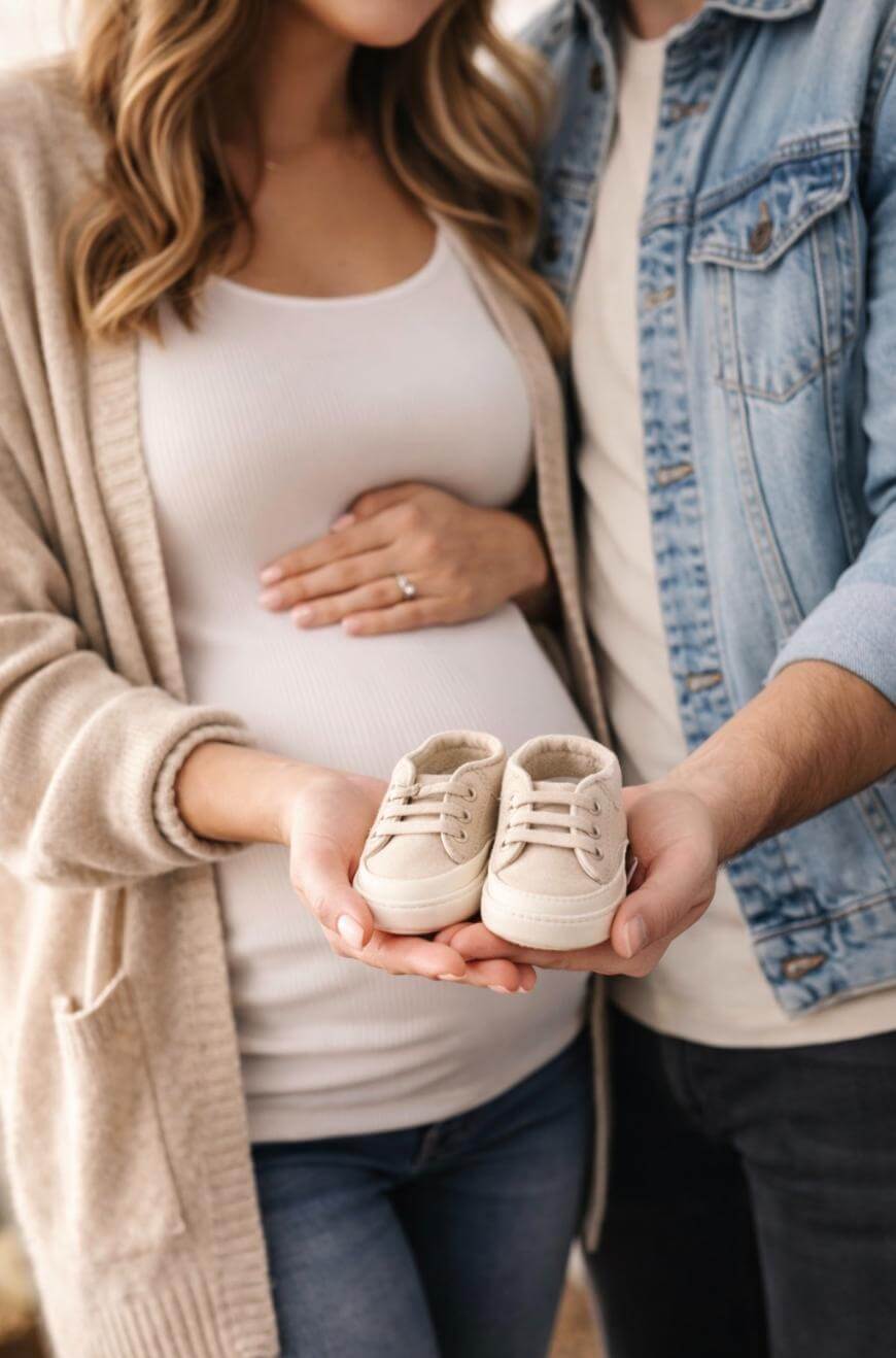 A couple stands close together; the pregnant woman cradles her belly, while both hold a pair of tiny baby shoes in their hands, symbolizing expecting a baby. Their faces are not visible.