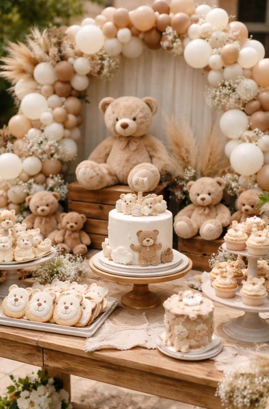 A teddy bear-themed dessert table features a white cake with a bear design, bear-shaped cookies, cupcakes, and plush teddy bears. The setup is decorated with beige balloons, flowers, and pampas grass.