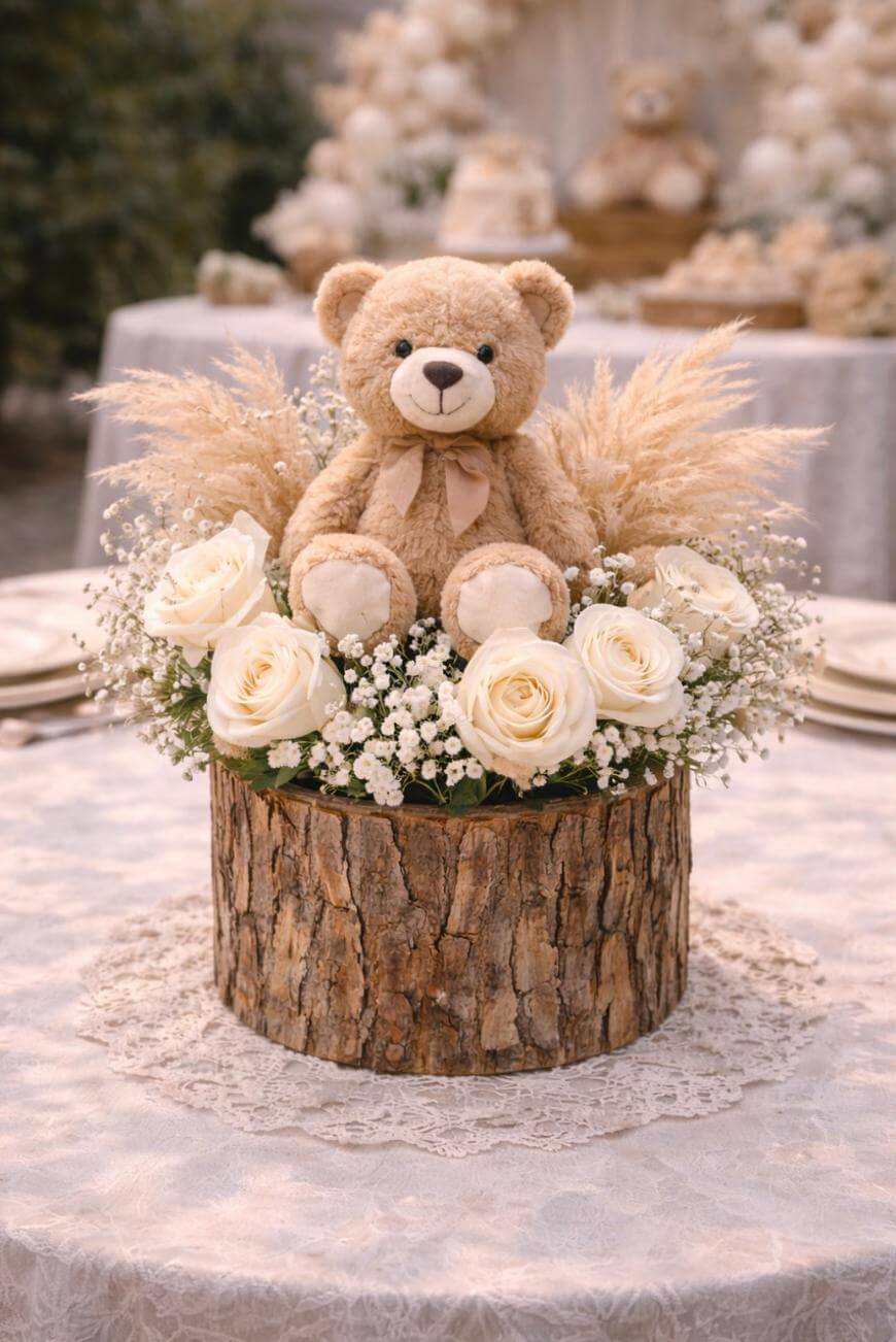 A plush teddy bear sits in the center of a rustic wooden container filled with white roses, babys breath, and pampas grass, displayed as a table centerpiece on a lace tablecloth.