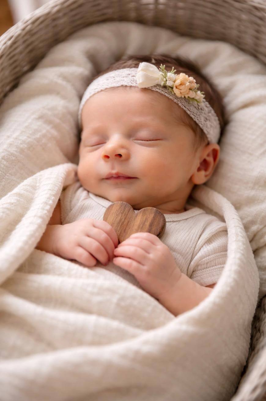 A sleeping baby wrapped in a cream-colored blanket, wearing a floral headband and holding a small wooden heart, lies peacefully in a wicker basket.