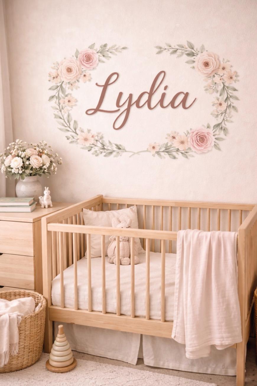 A wooden crib with a beige blanket and stuffed animal sits in a softly lit nursery. Above the crib, Lydia is written on the wall, surrounded by pink and white floral art. A dresser with flowers and decor is nearby.