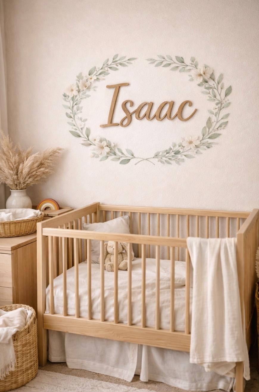 A cozy nursery with a wooden crib, white linens, and a plush bear. Above the crib, Isaac is written in large letters surrounded by a leafy floral wreath. Natural baskets and pampas grass decorate the room.