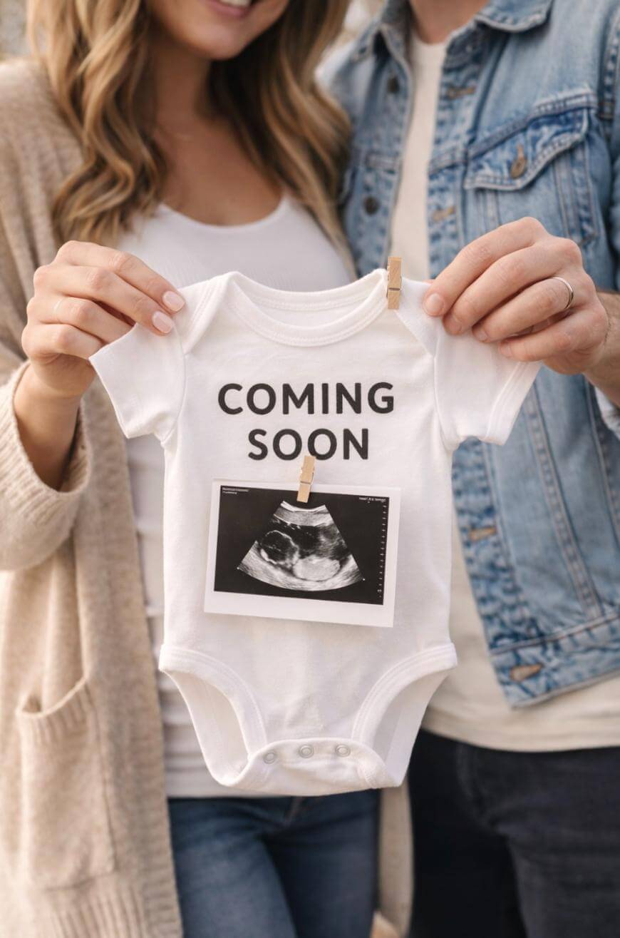 A couple holds a white baby onesie with COMING SOON written on it and an ultrasound photo attached, announcing a pregnancy.