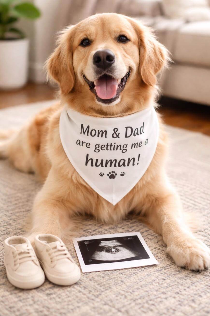 A happy golden retriever wearing a bandana that says Mom & Dad are getting me a human! sits next to baby shoes and an ultrasound photo on a rug indoors.