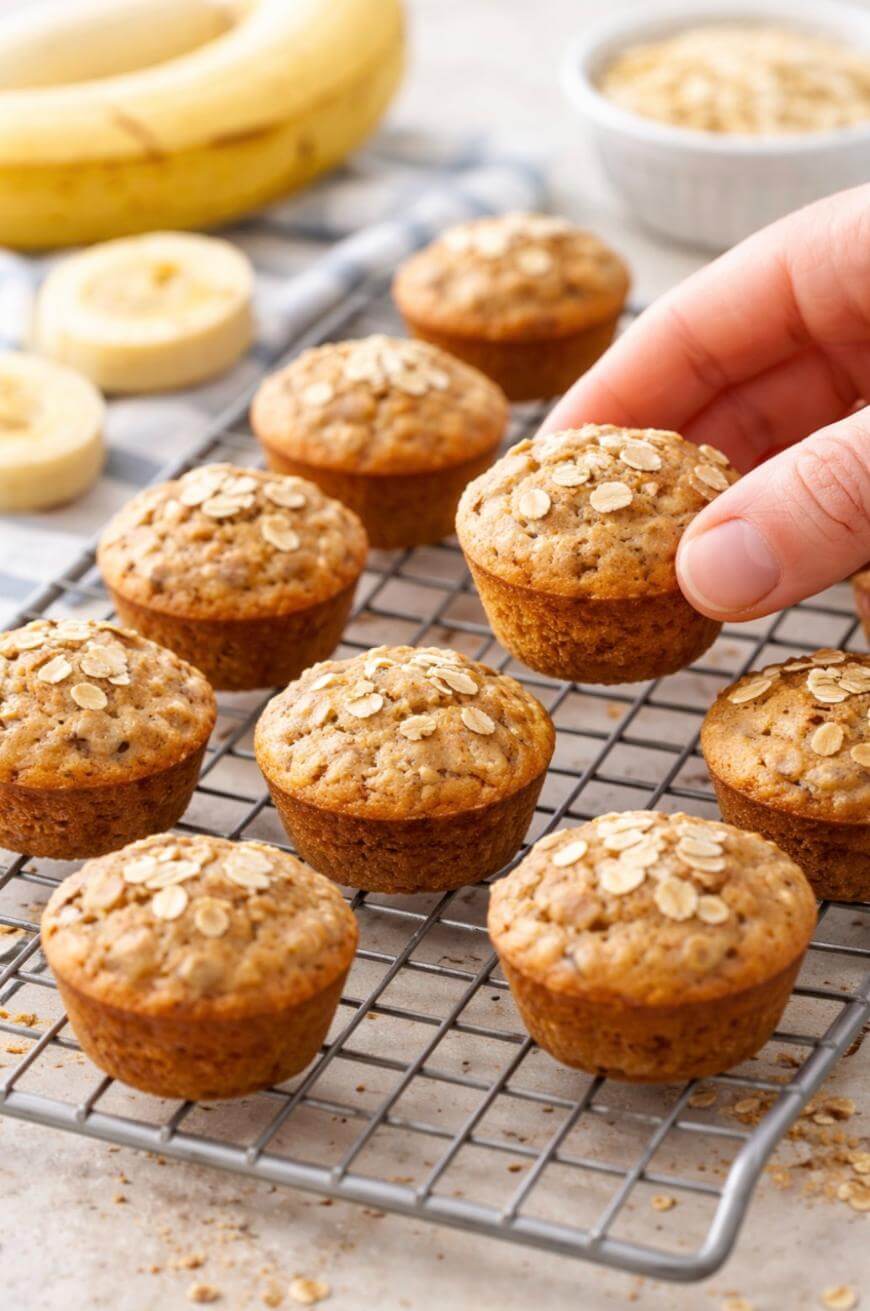 A hand picking up a banana oat muffin from a cooling rack with several other muffins, topped with oats. Sliced bananas and a bowl of oats are in the background.