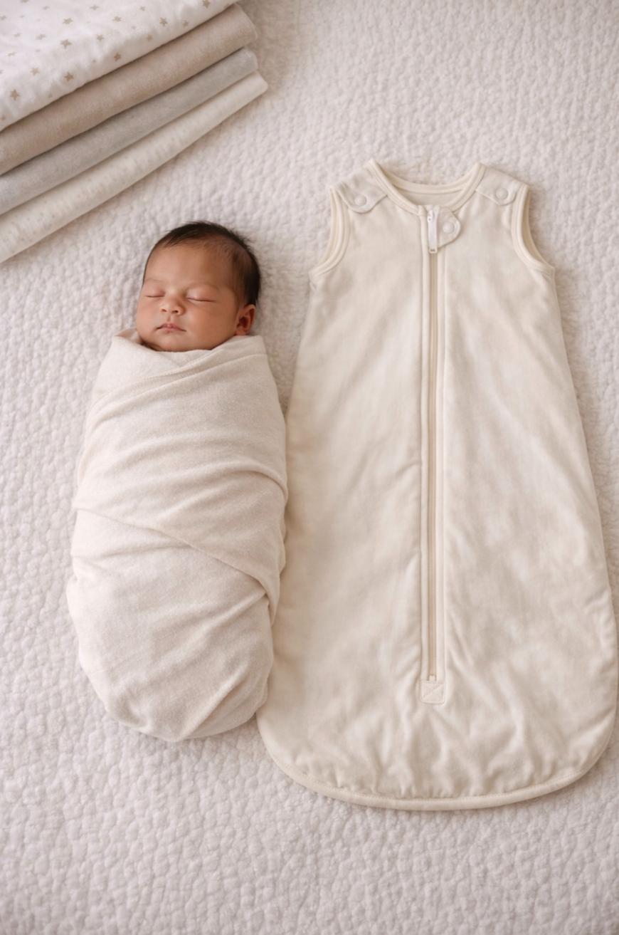 A baby swaddled in a cream-colored blanket lies on a white textured surface next to an empty cream-colored baby sleep sack with a zipper. Folded blankets are stacked nearby.