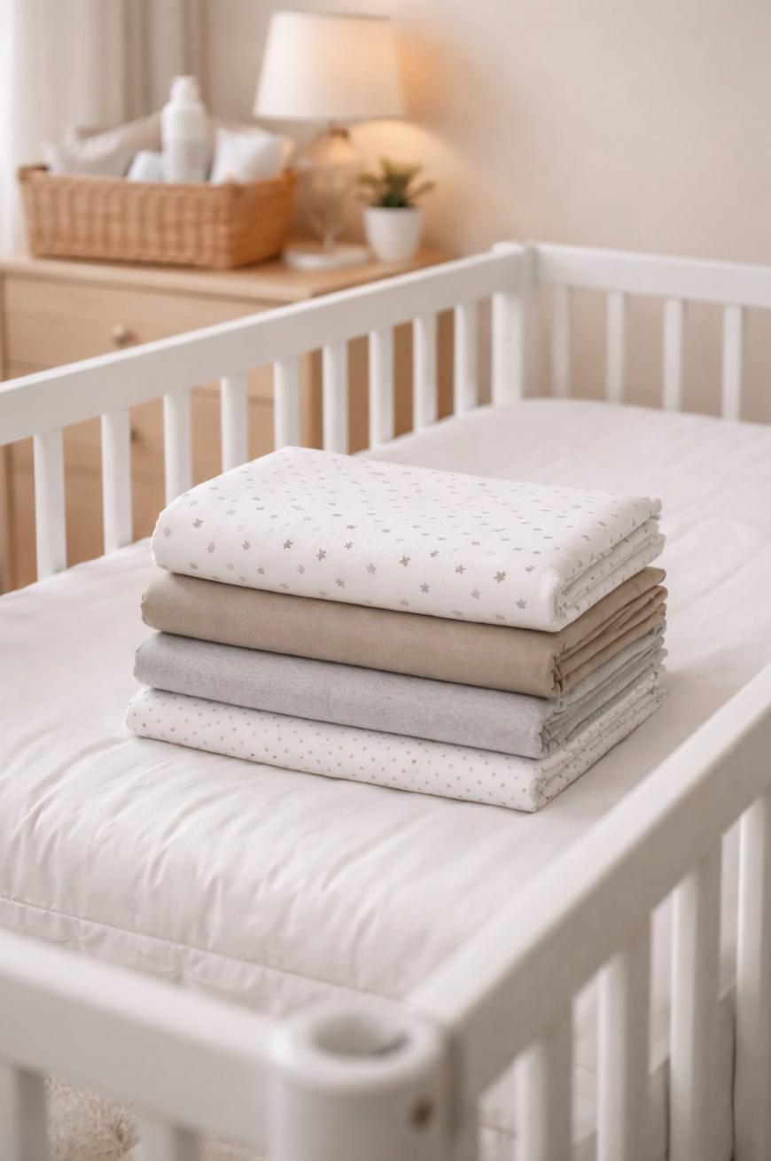 A neatly folded stack of baby blankets in neutral colors is placed on a white crib in a softly lit nursery with a wicker basket and a lamp in the background.