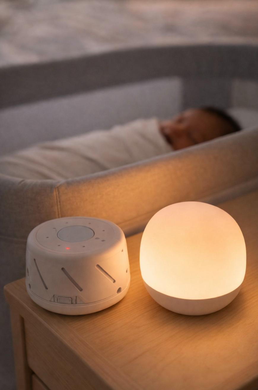 A softly lit night light and a white sound machine sit on a wooden table next to a sleeping baby swaddled in a crib in a cozy, dimly lit room.