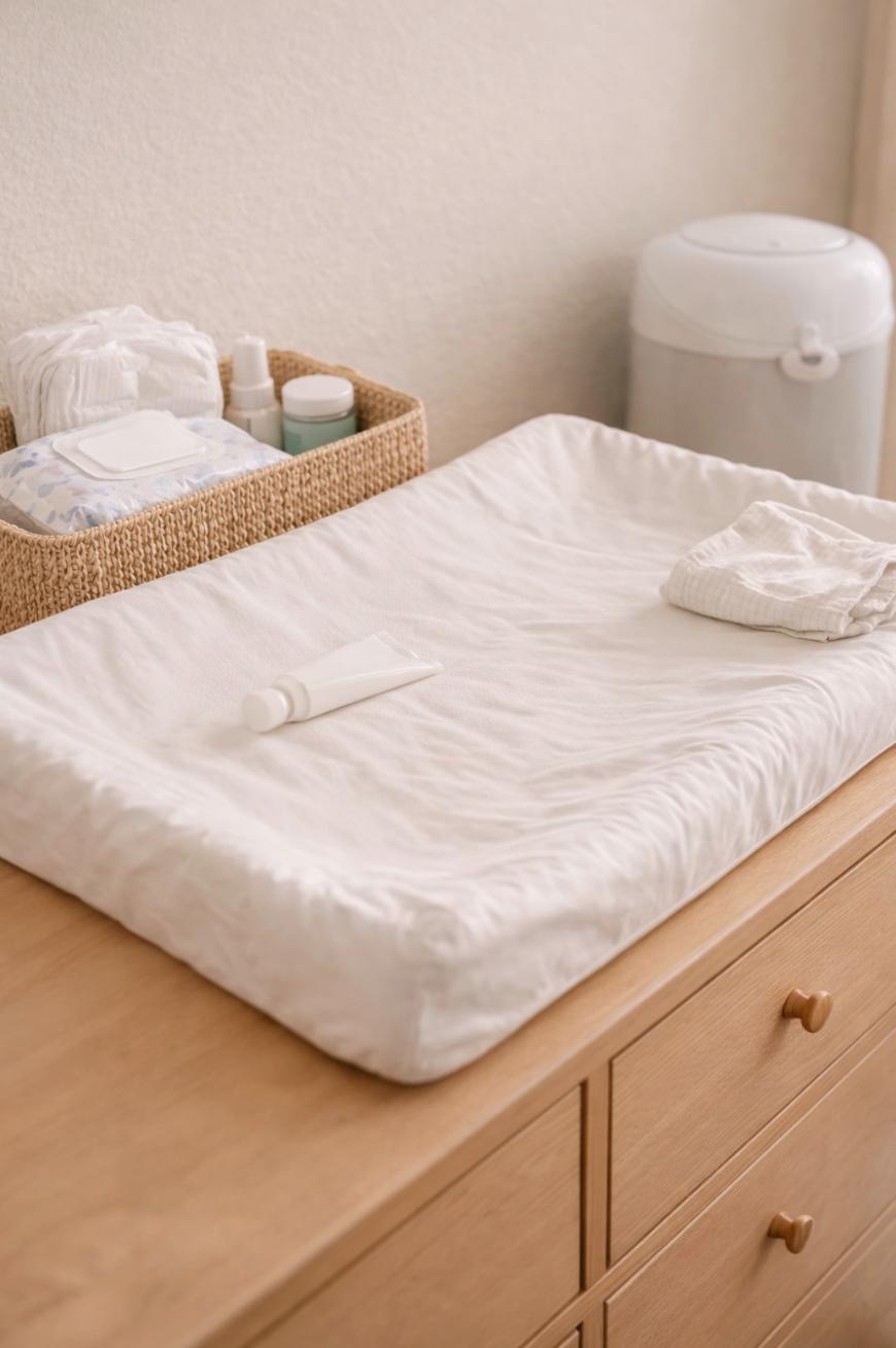 A wooden changing table with a padded white changing mat, a tube of cream, a folded cloth, a basket with diapers and baby products, and a diaper pail in the background.