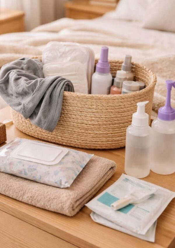 A wicker basket filled with toiletries, towels, and bottles sits on a wooden table next to an open pack of wet wipes, folded towels, and other hygiene items in a cozy bedroom setting.