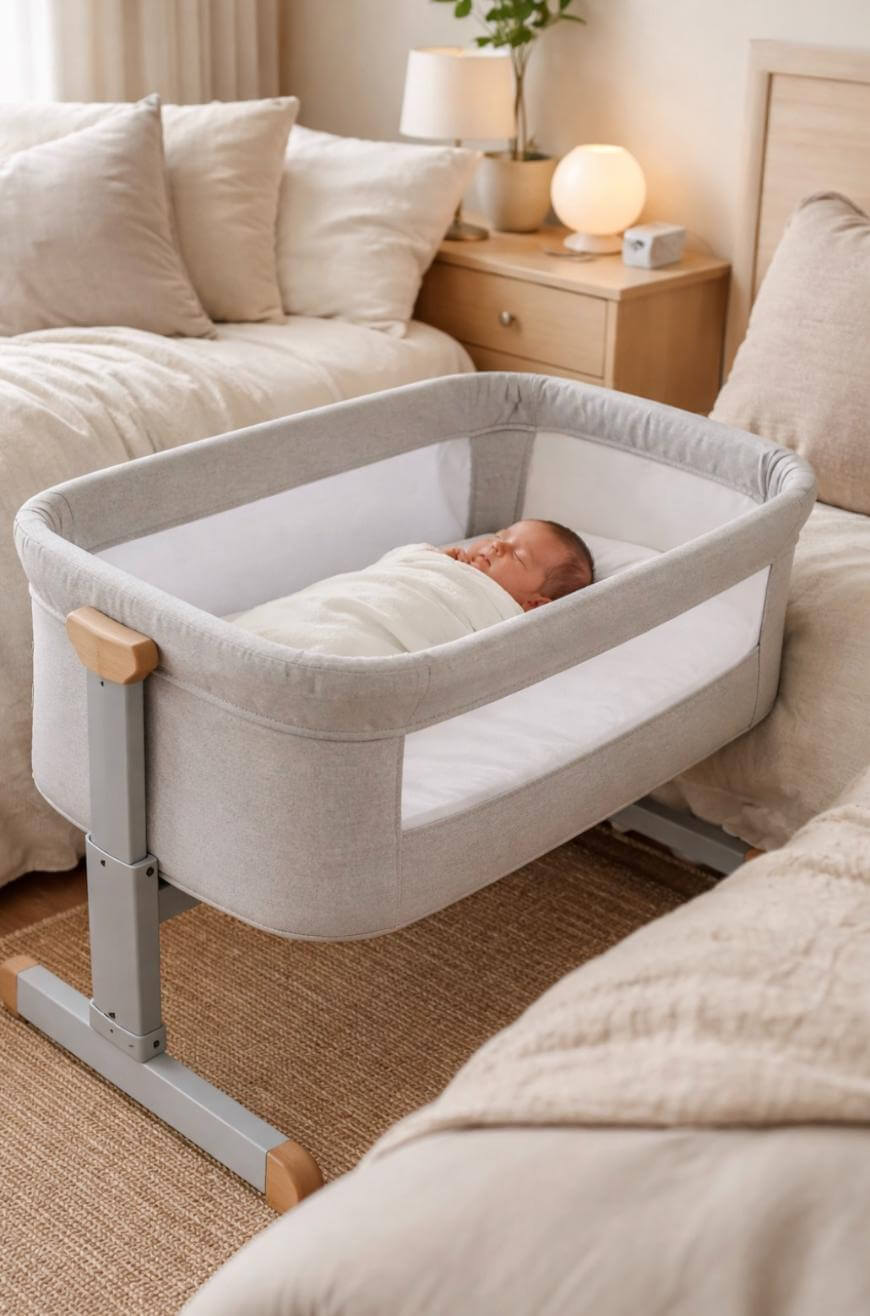 A newborn baby is sleeping peacefully in a gray bassinet beside a neatly made adult bed in a softly lit, cozy bedroom with neutral-colored decor.