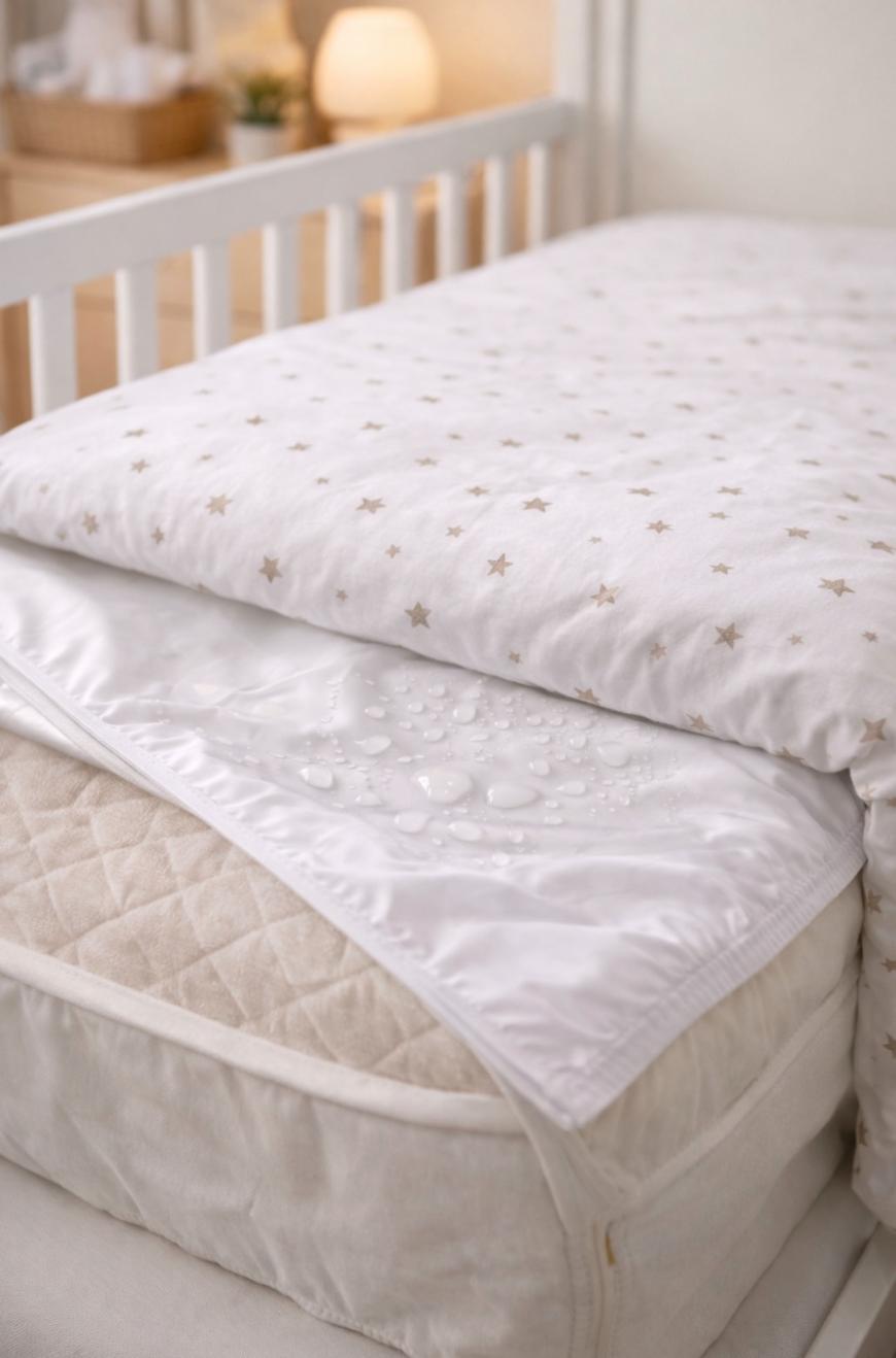 A crib mattress with a waterproof cover shows water droplets beading on its surface. A fitted sheet with a star pattern is partially lifted to reveal the protective layer. The background includes a softly lit nursery.