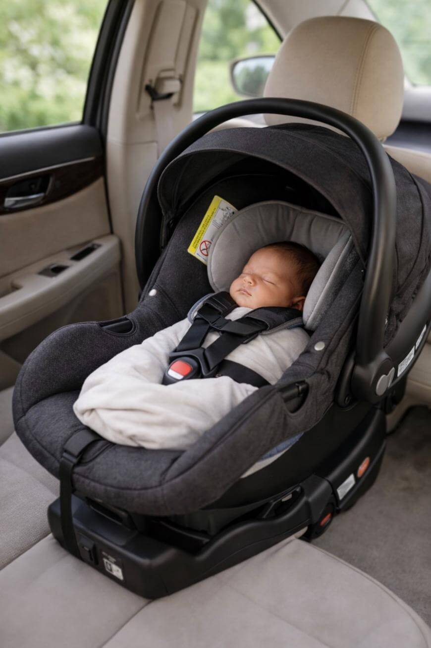 A sleeping baby is securely strapped in a rear-facing car seat placed on the backseat of a car with beige upholstery.