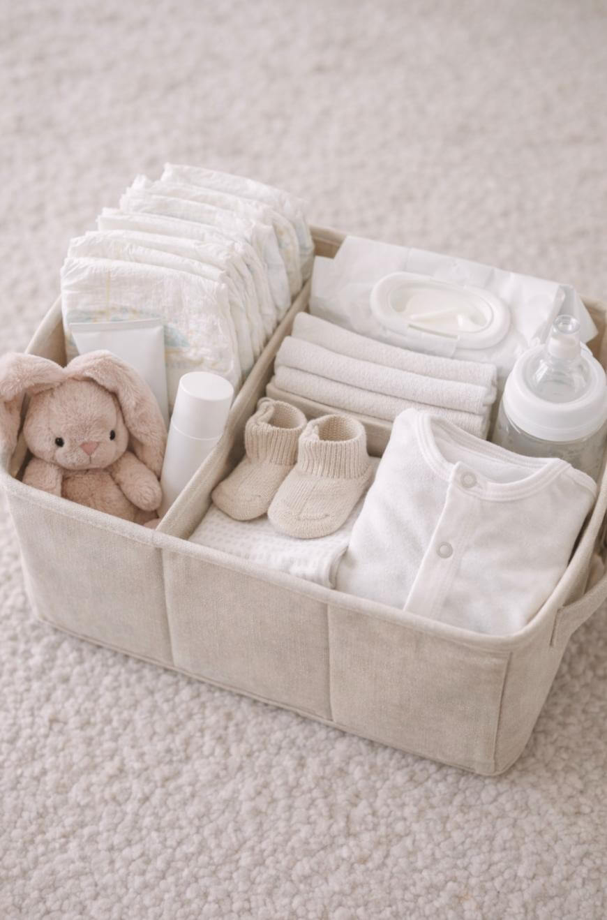 A beige basket on a soft carpet holds baby essentials, including diapers, wipes, a bottle, lotion, folded clothes, socks, a pair of booties, and a plush bunny toy.