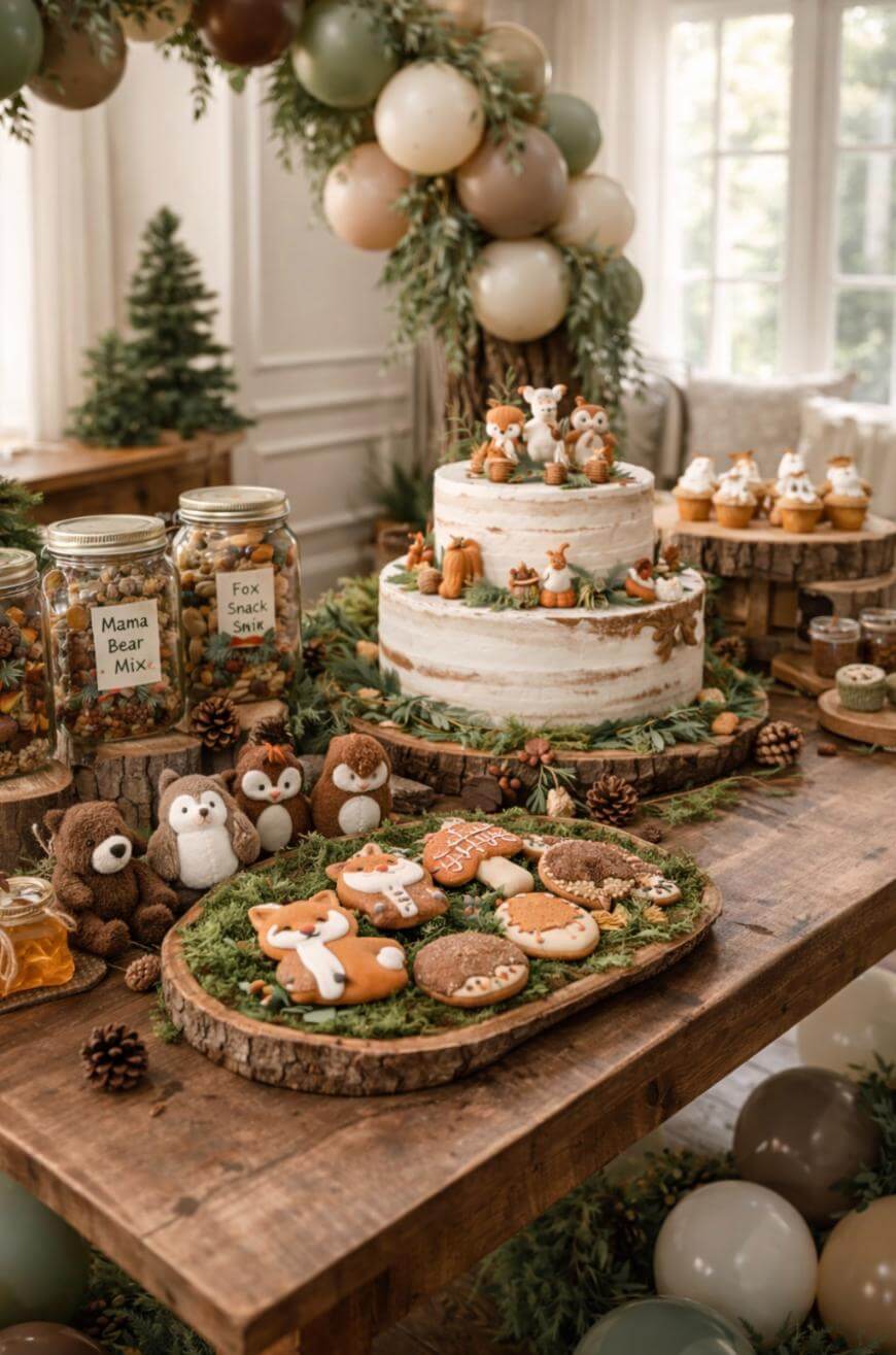 A rustic woodland-themed dessert table with a two-tier cake topped with forest animal figures, animal-shaped cookies, and jars of snacks. The table is decorated with greenery, pinecones, and surrounded by balloons.