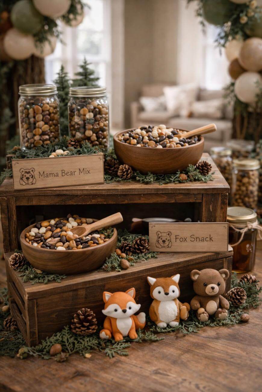 A rustic snack display features bowls of trail mix labeled Mama Bear Mix and Fox Snack, surrounded by pinecones, greenery, and plush fox, deer, and bear toys. Mason jars with more snacks sit in the background.