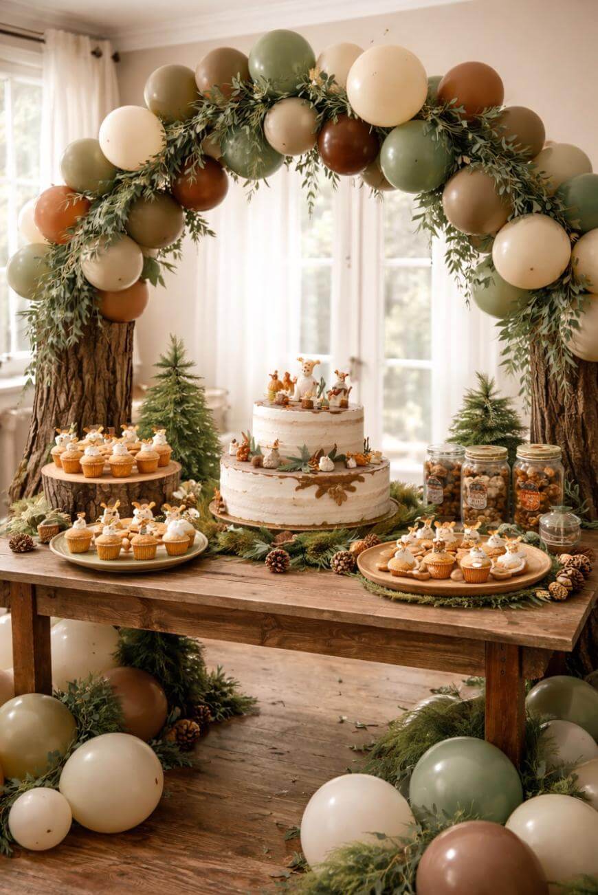 A rustic woodland-themed dessert table features a white cake with animal toppers, cupcakes, cookies, and jars of candy, surrounded by greenery and a balloon arch in earth tones. Tree stump decor and pinecones add to the forest vibe.