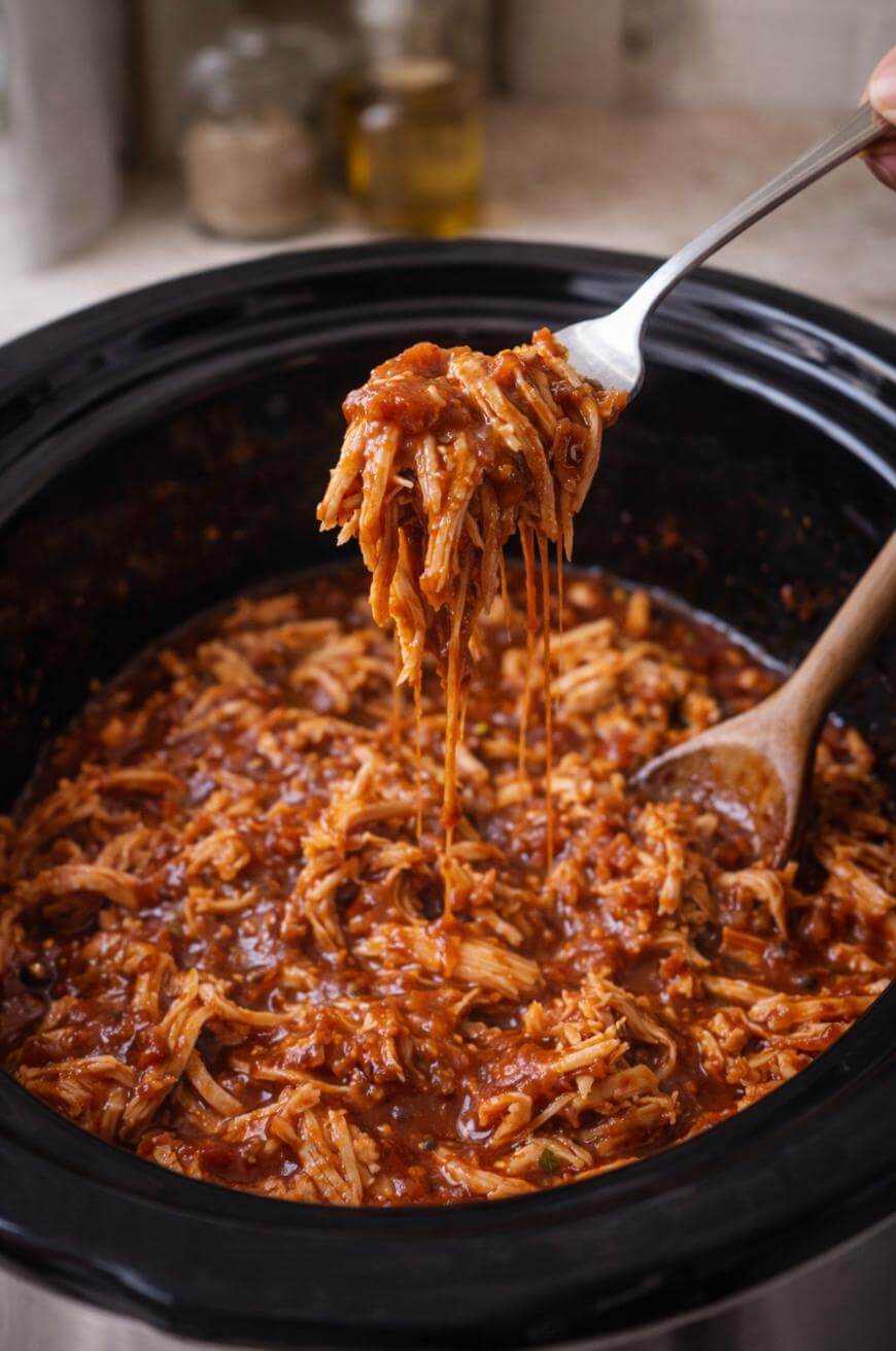 Shredded barbecue chicken in a slow cooker, with a fork lifting a portion of saucy chicken above the pot, and a wooden spoon resting inside.