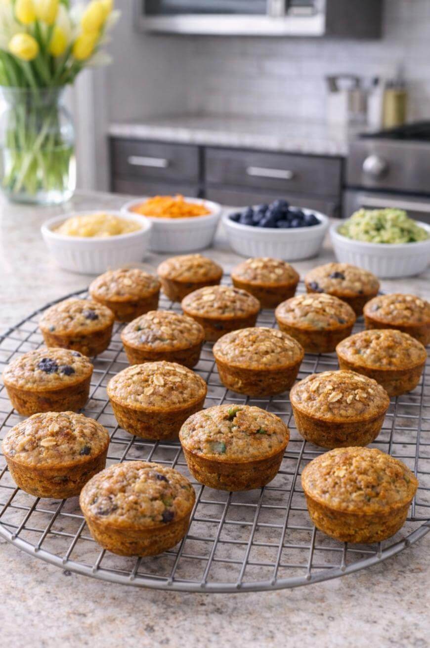 A cooling rack with freshly baked muffins sits on a kitchen counter. In the background, bowls of blueberries, carrots, pineapple, and zucchini are arranged, with a vase of yellow flowers visible further back.