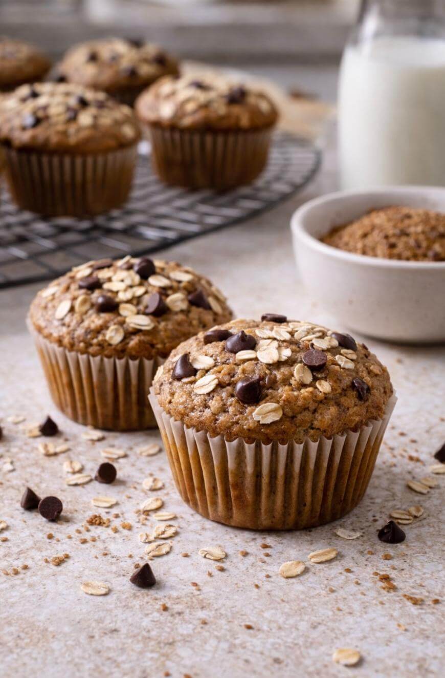Two oat and chocolate chip muffins sit on a countertop with scattered oats and chocolate chips. In the background, more muffins are on a cooling rack, next to a bowl of brown sugar and a bottle of milk.