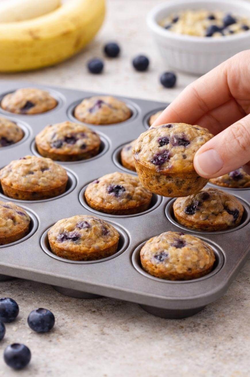 A hand lifts a mini blueberry muffin from a muffin tin filled with more muffins. Fresh blueberries, a banana, and a bowl of oats are visible in the background.