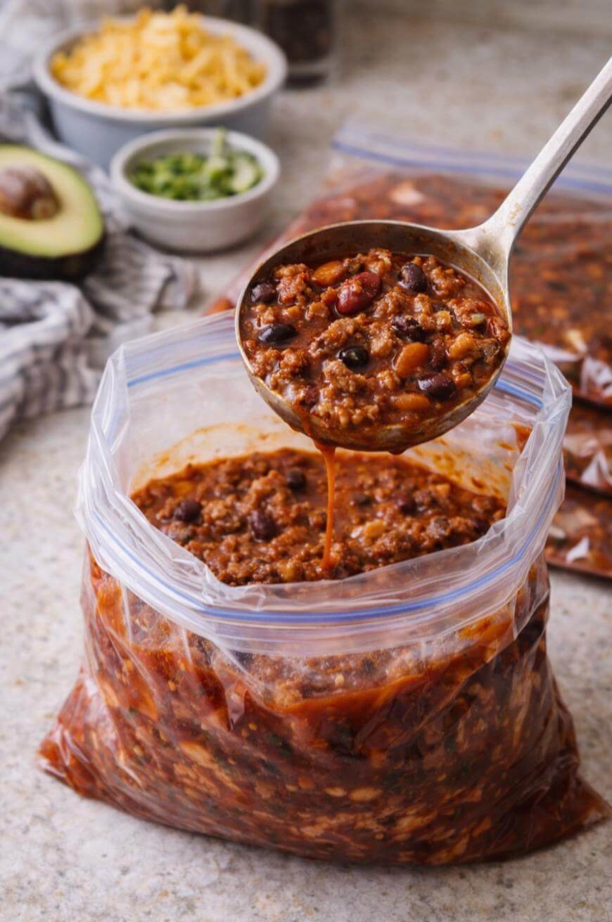 A ladle scoops hearty chili with beans and ground meat into a large plastic freezer bag; bowls of shredded cheese, chopped green onions, and half an avocado are in the background.
