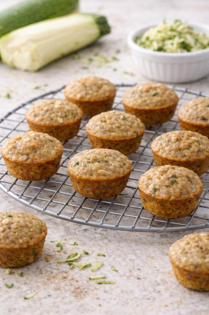 Twelve zucchini muffins cool on a round wire rack. Grated zucchini and whole zucchinis are in the background on a light-colored countertop.