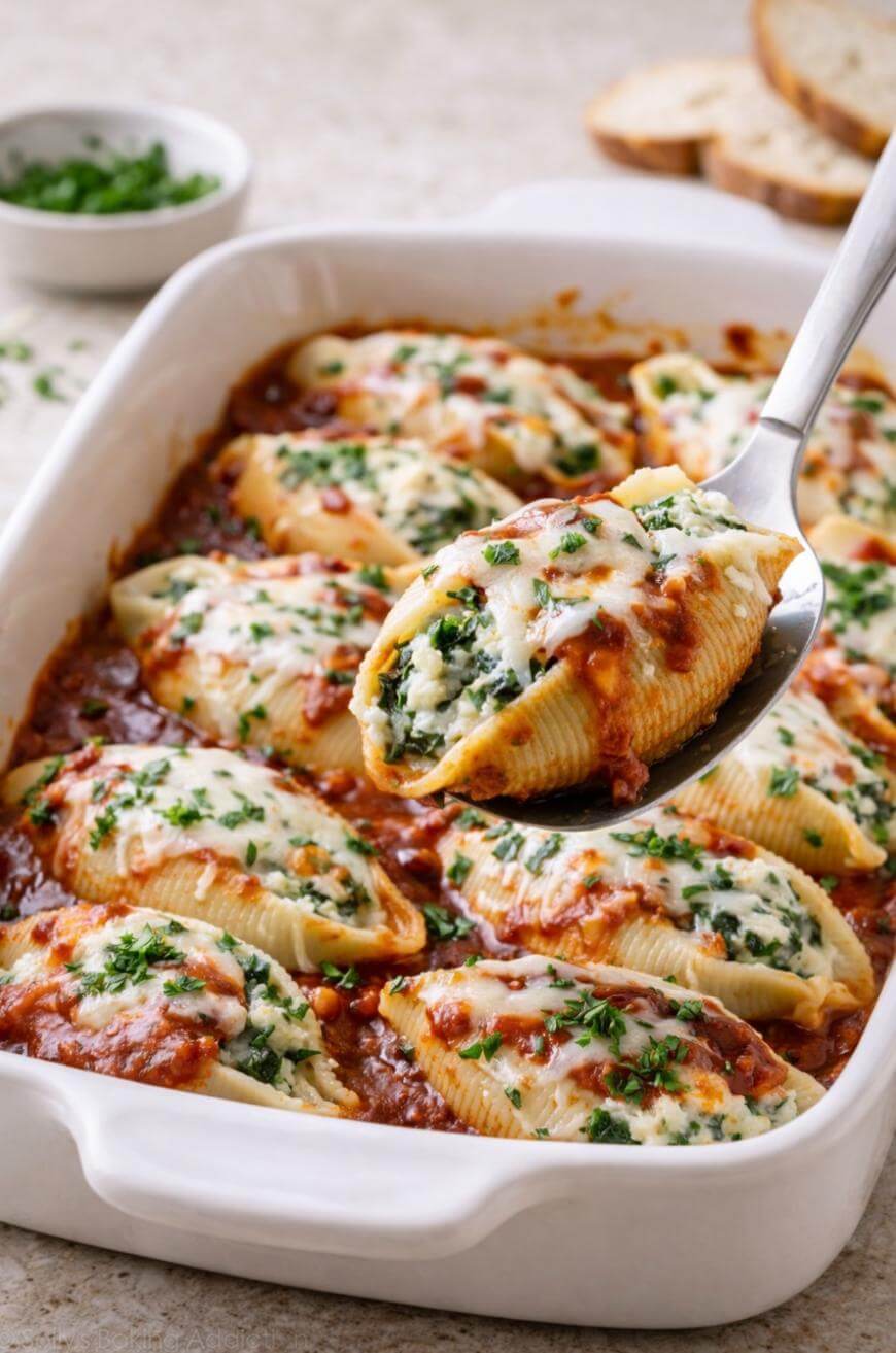 A baking dish filled with large pasta shells stuffed with ricotta and spinach, topped with melted cheese and parsley, in marinara sauce. A spoon lifts one shell, with sliced bread and herbs in the background.