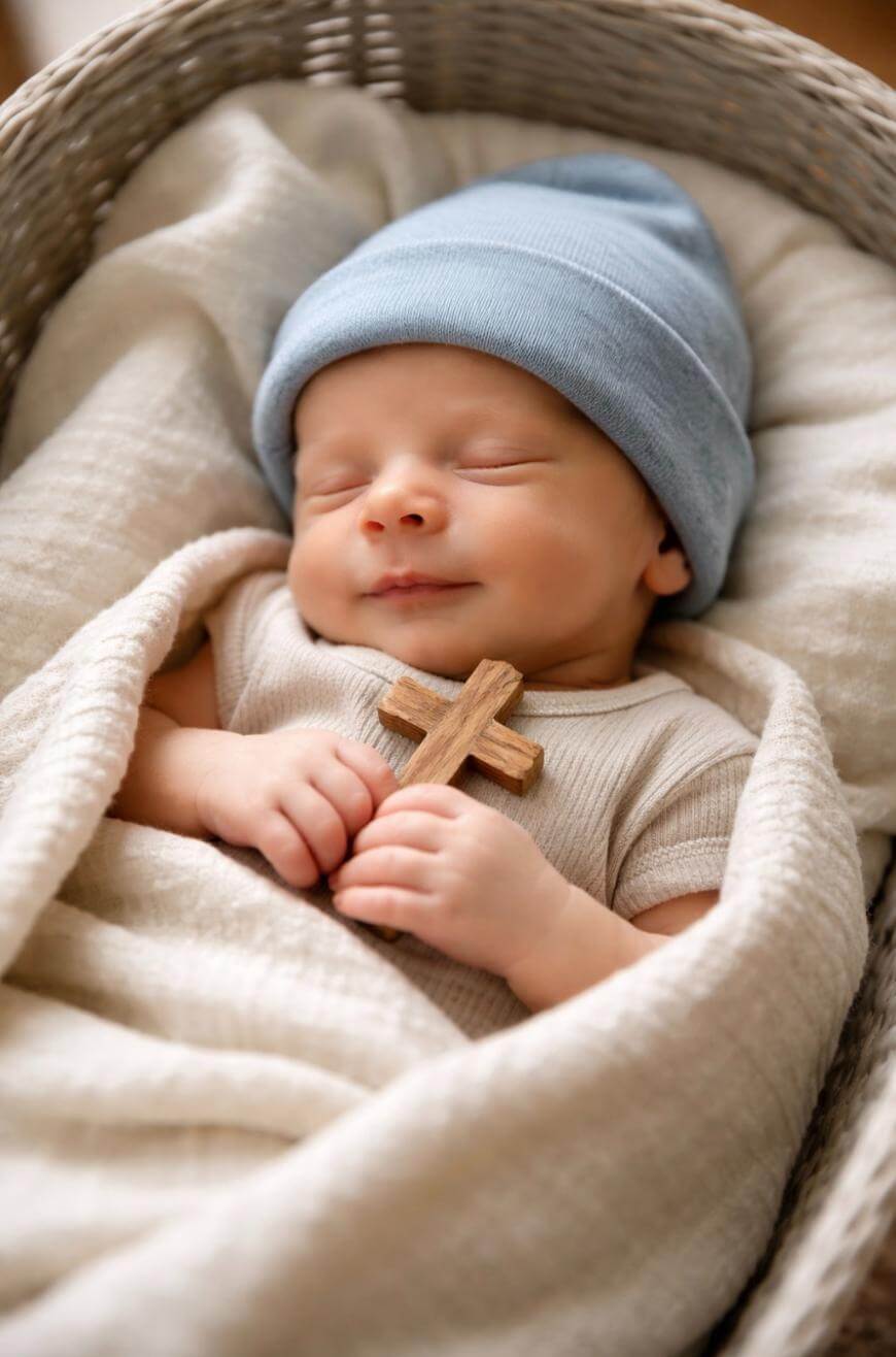 A sleeping baby wearing a light blue hat is swaddled in a beige blanket, lying in a basket, and gently holding a wooden cross.