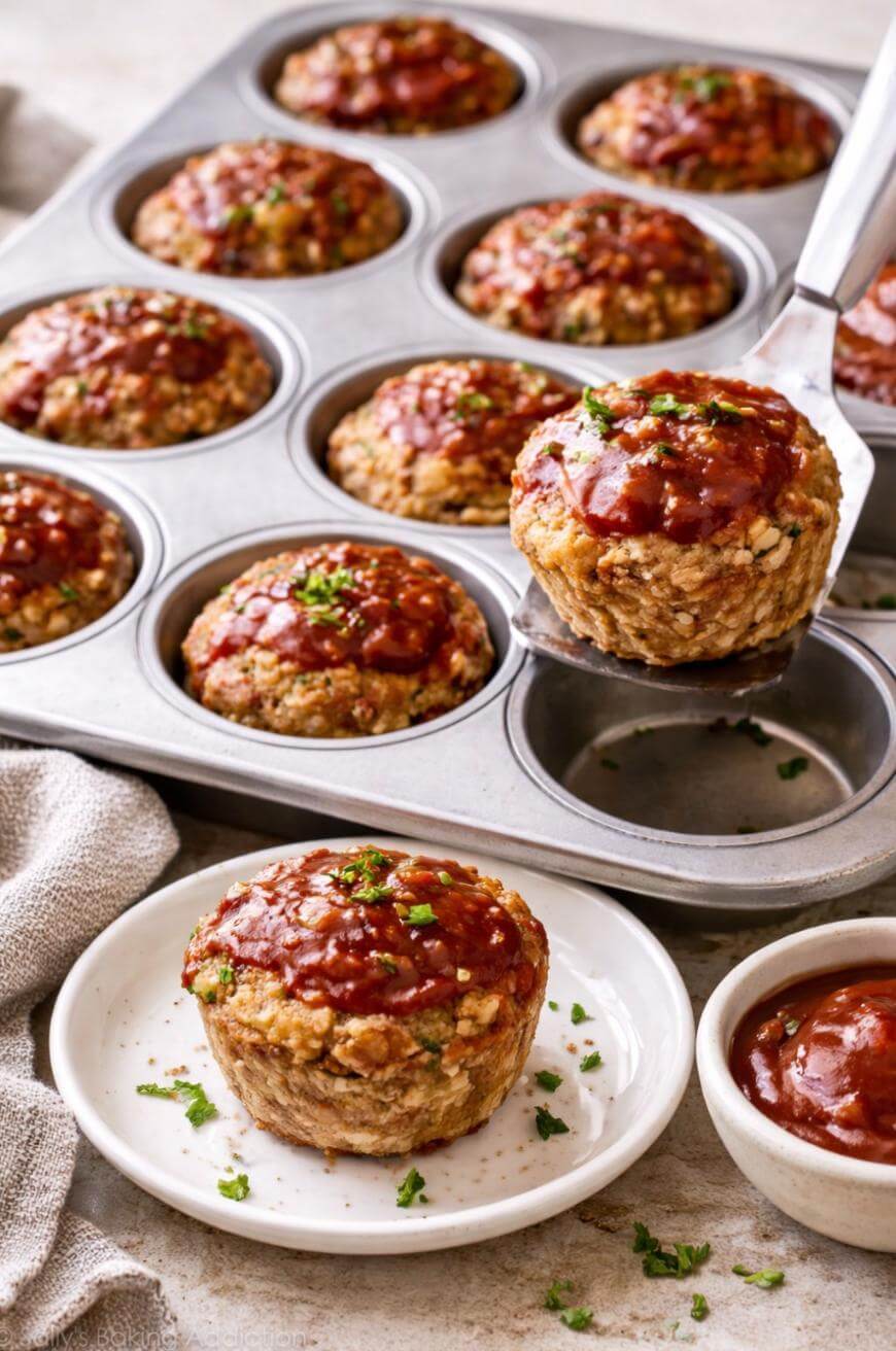 Freshly baked mini meatloaves in a muffin tin, topped with sauce and herbs. One is being served onto a white plate beside a small bowl of extra sauce. A beige napkin is nearby.
