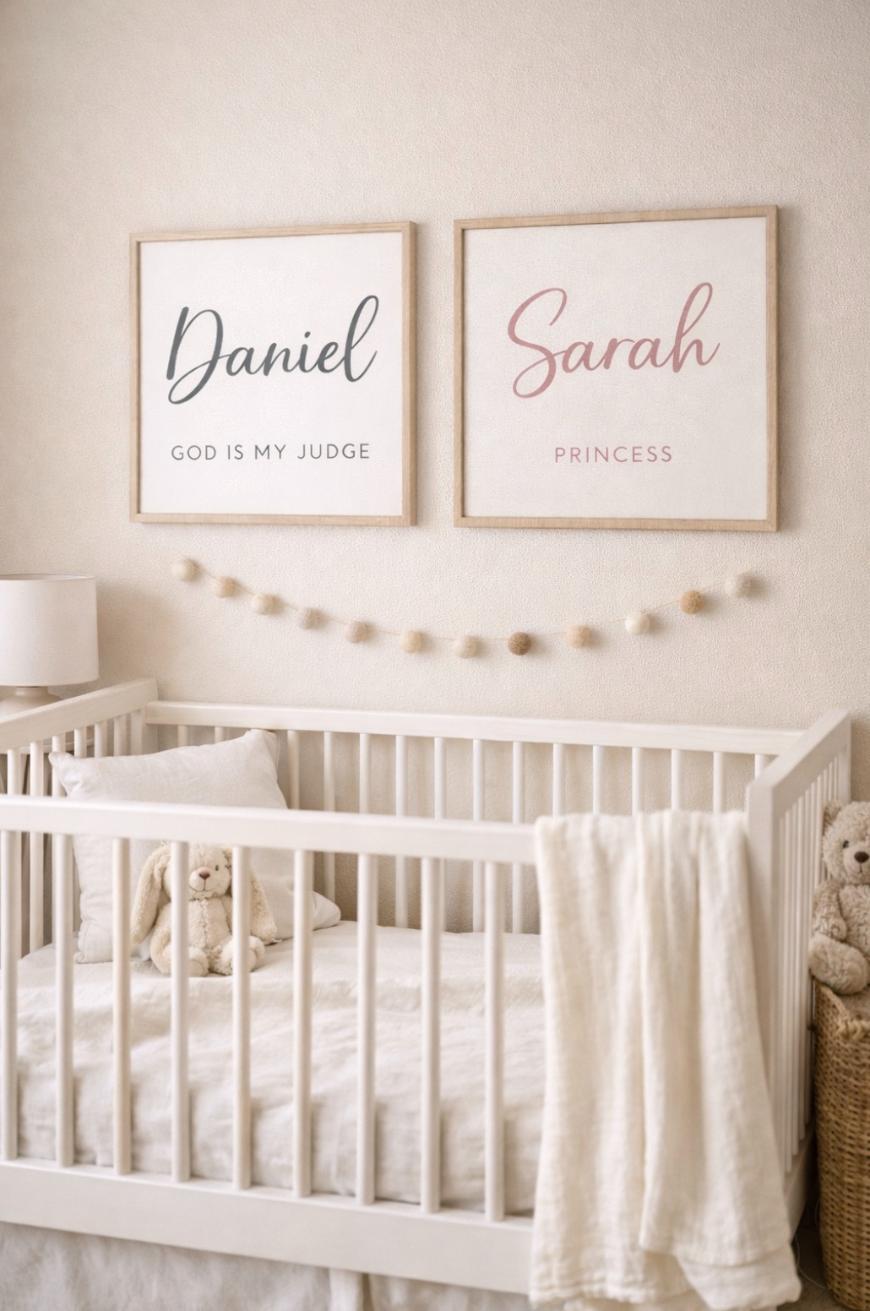 A cozy nursery with a white crib, plush bunny, and teddy bear. Above the crib are two framed signs: one reads Daniel, God is my judge and the other Sarah, Princess. Neutral decor and soft lighting create a warm atmosphere.
