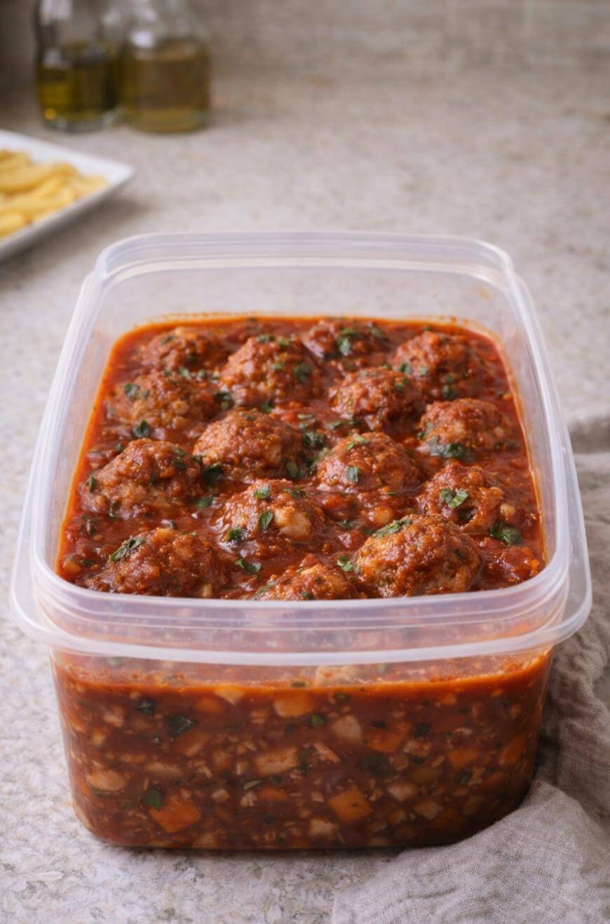 A plastic container filled with meatballs in tomato sauce, garnished with herbs, sitting on a kitchen counter. In the background, there are bottles of oil and a plate of fries.