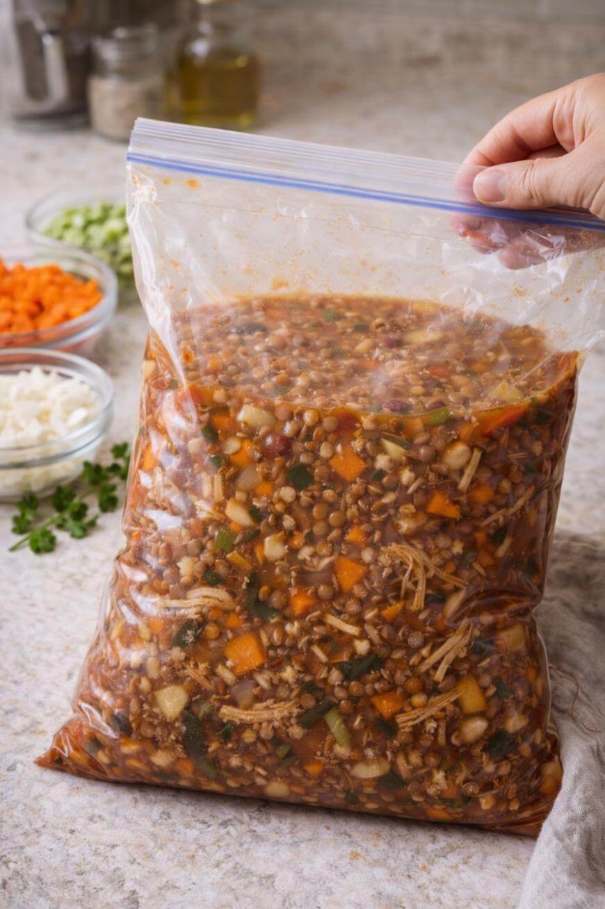 A hand holds a large ziplock bag filled with vegetable and lentil soup. In the background, bowls with chopped carrots, celery, and onions are on a kitchen counter.