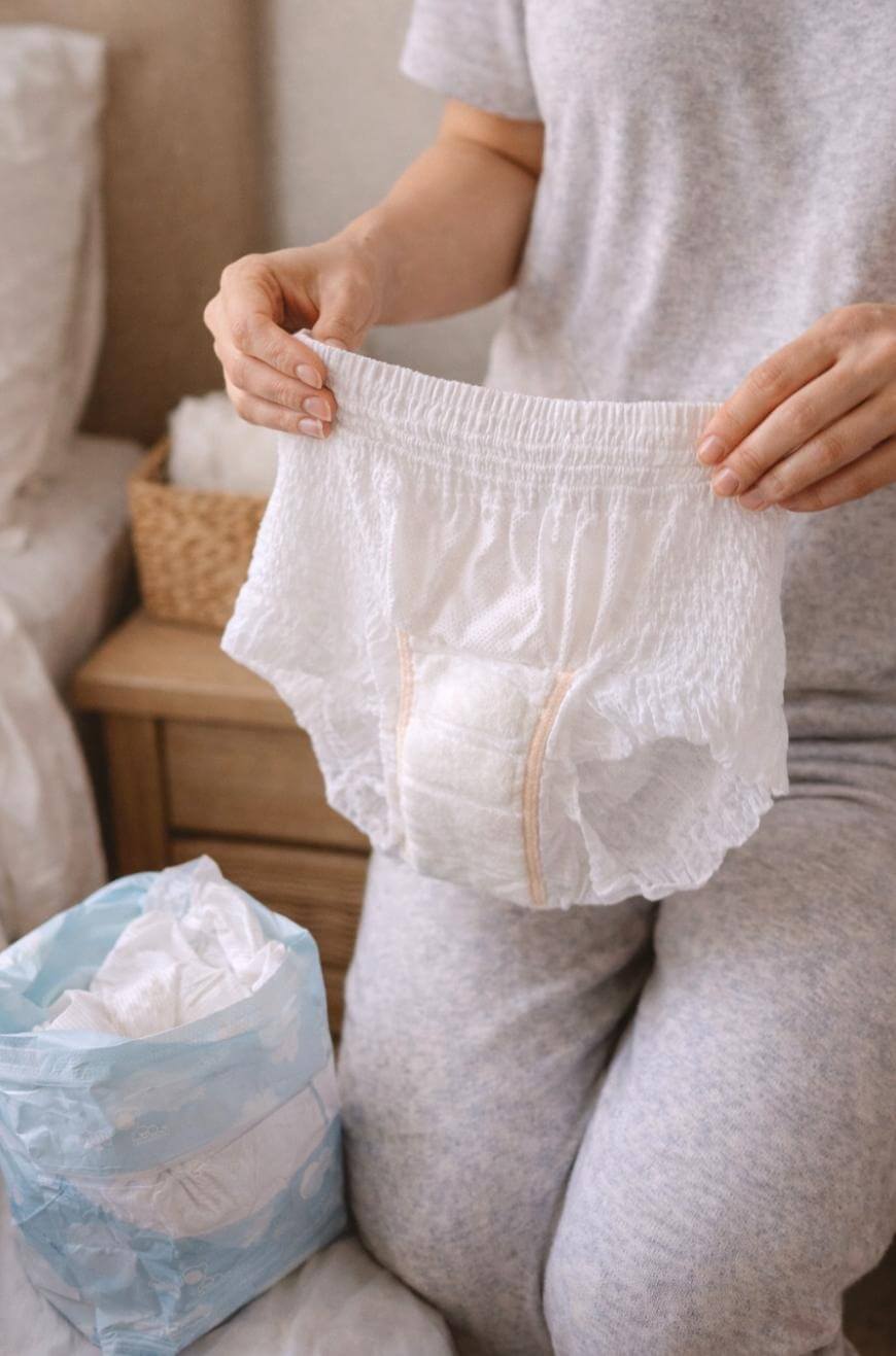 A person in light pajamas holds up a disposable adult diaper over their lap, with a pack of similar diapers beside them on a wooden nightstand.