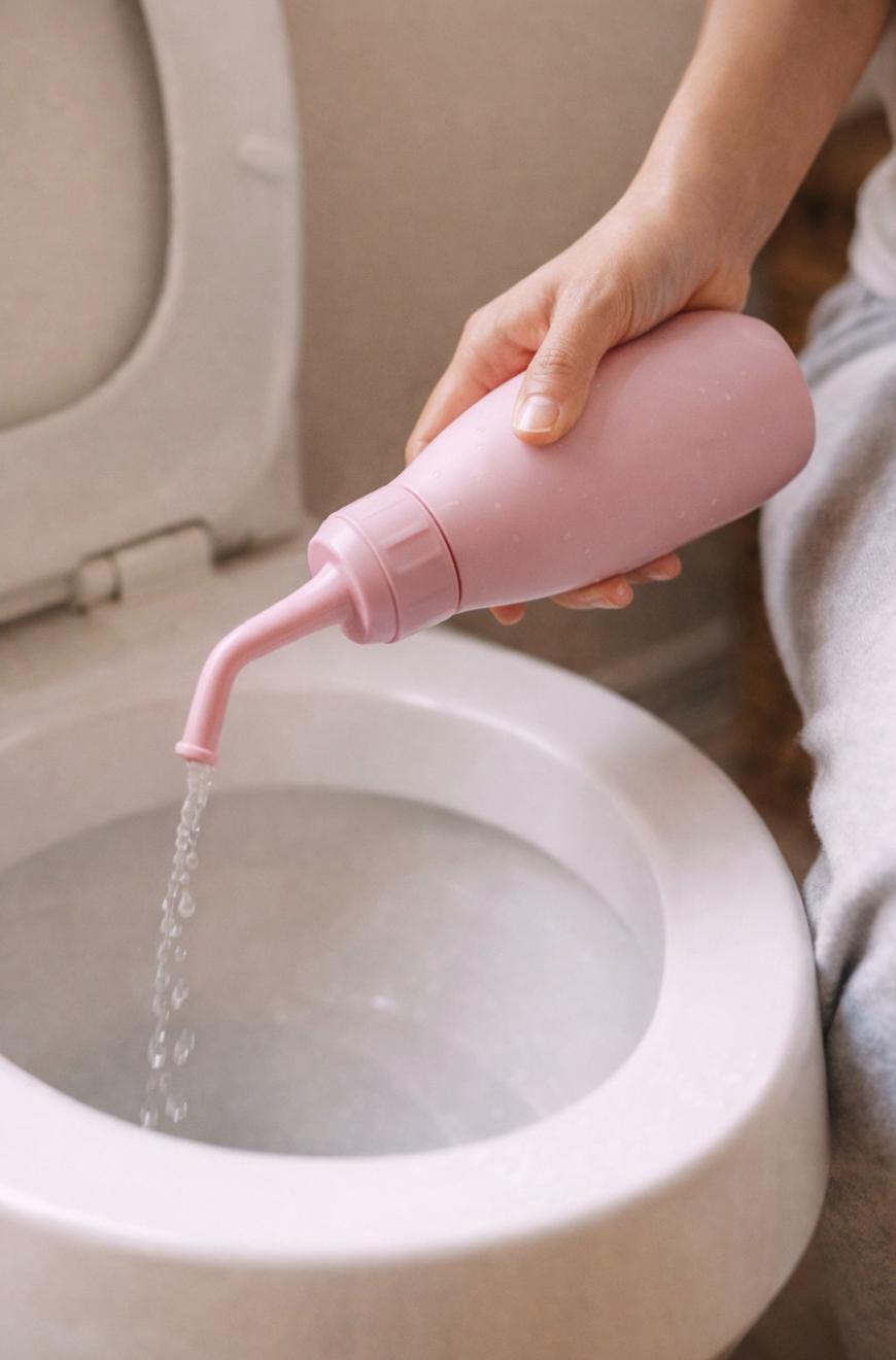 A person holds a pink portable bidet bottle, squeezing water through its angled nozzle over a white toilet bowl.