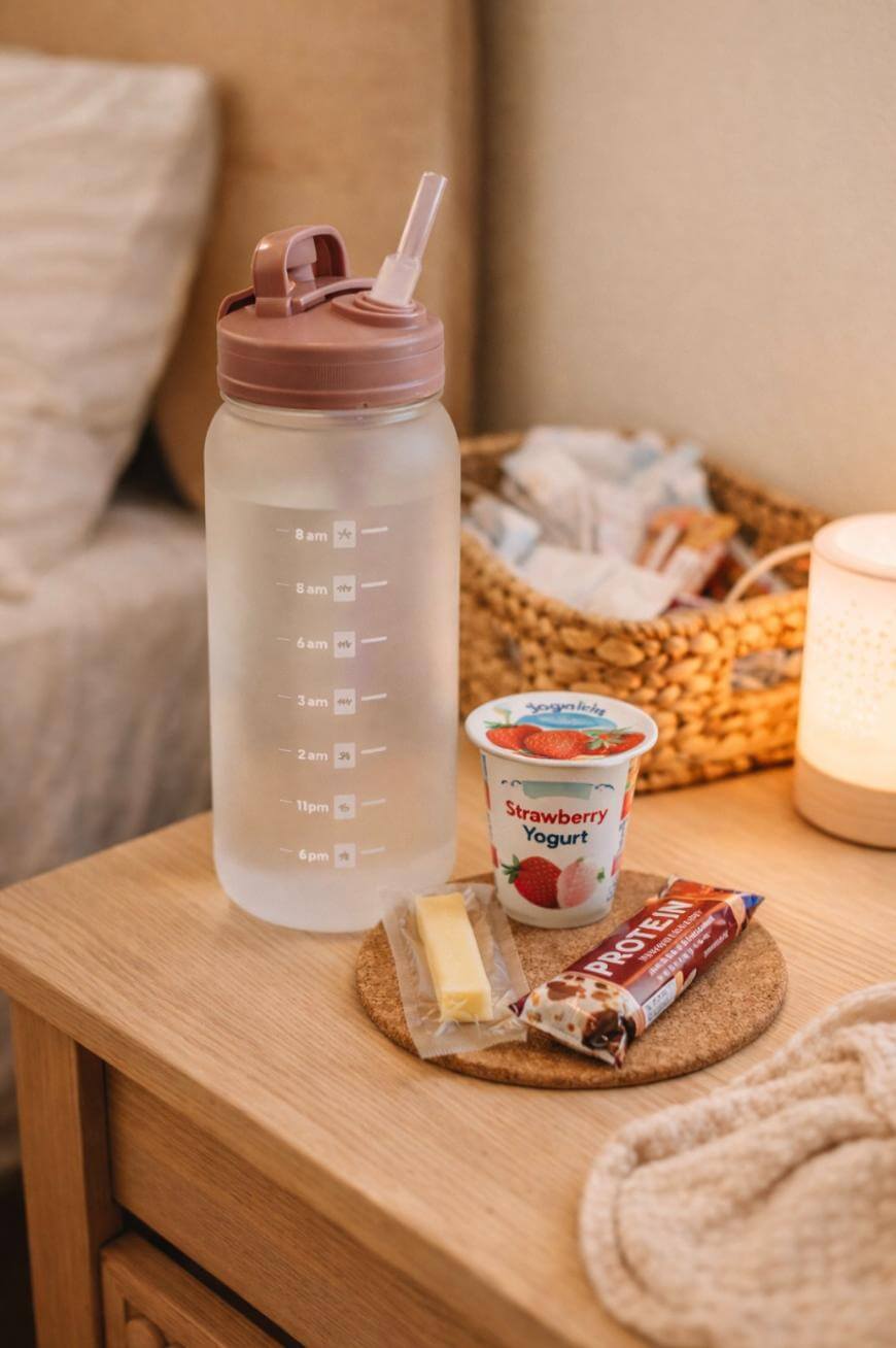 A bedside table holds a large water bottle with time markers, a cup of strawberry yogurt, a granola bar, a packaged stick of cheese, and a coaster, with a woven basket and lamp in the background.