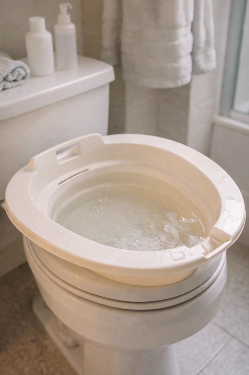 A white plastic sitz bath filled with water is placed on top of a toilet in a bathroom, with towels and soap dispensers visible in the background.