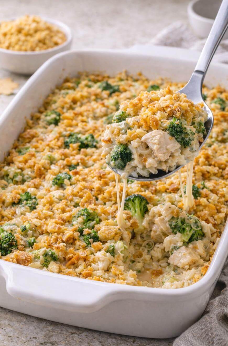 A spoon lifts a portion of cheesy chicken and broccoli casserole with a golden breadcrumb topping from a white baking dish. More casserole and a bowl of breadcrumbs are in the background.