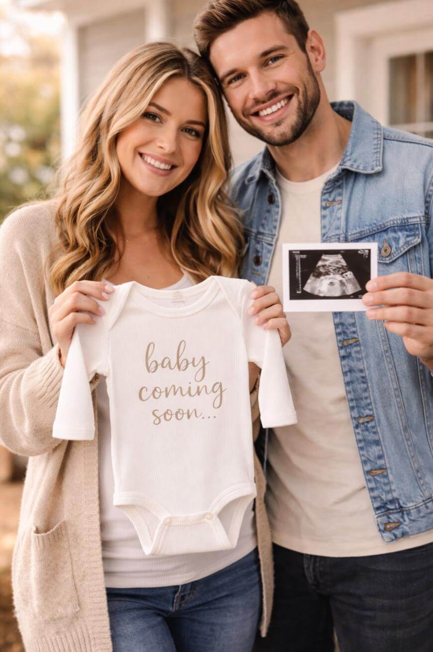A smiling couple stands outside. The woman holds a white baby onesie that says baby coming soon... and the man holds an ultrasound photo, announcing their pregnancy.