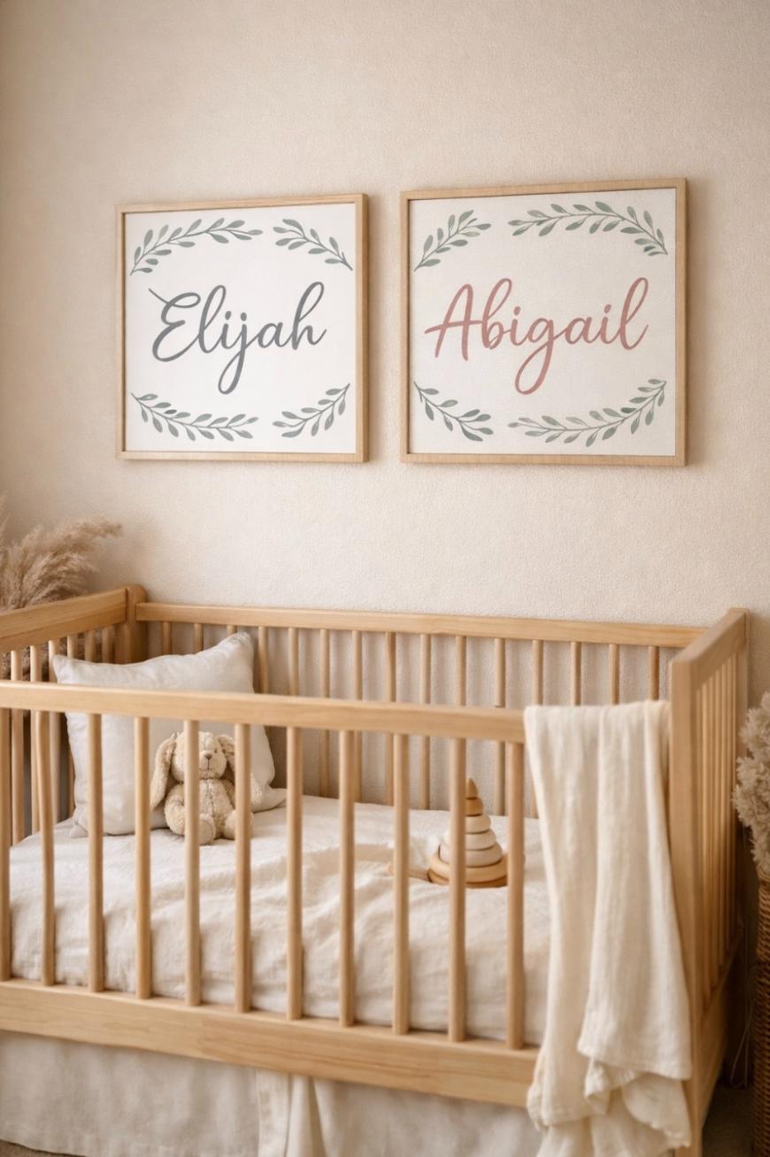 A cozy nursery with a wooden crib, beige bedding, a stuffed bunny, and toys. Above the crib are two framed signs with leafy designs, reading Elijah and Abigail in script.
