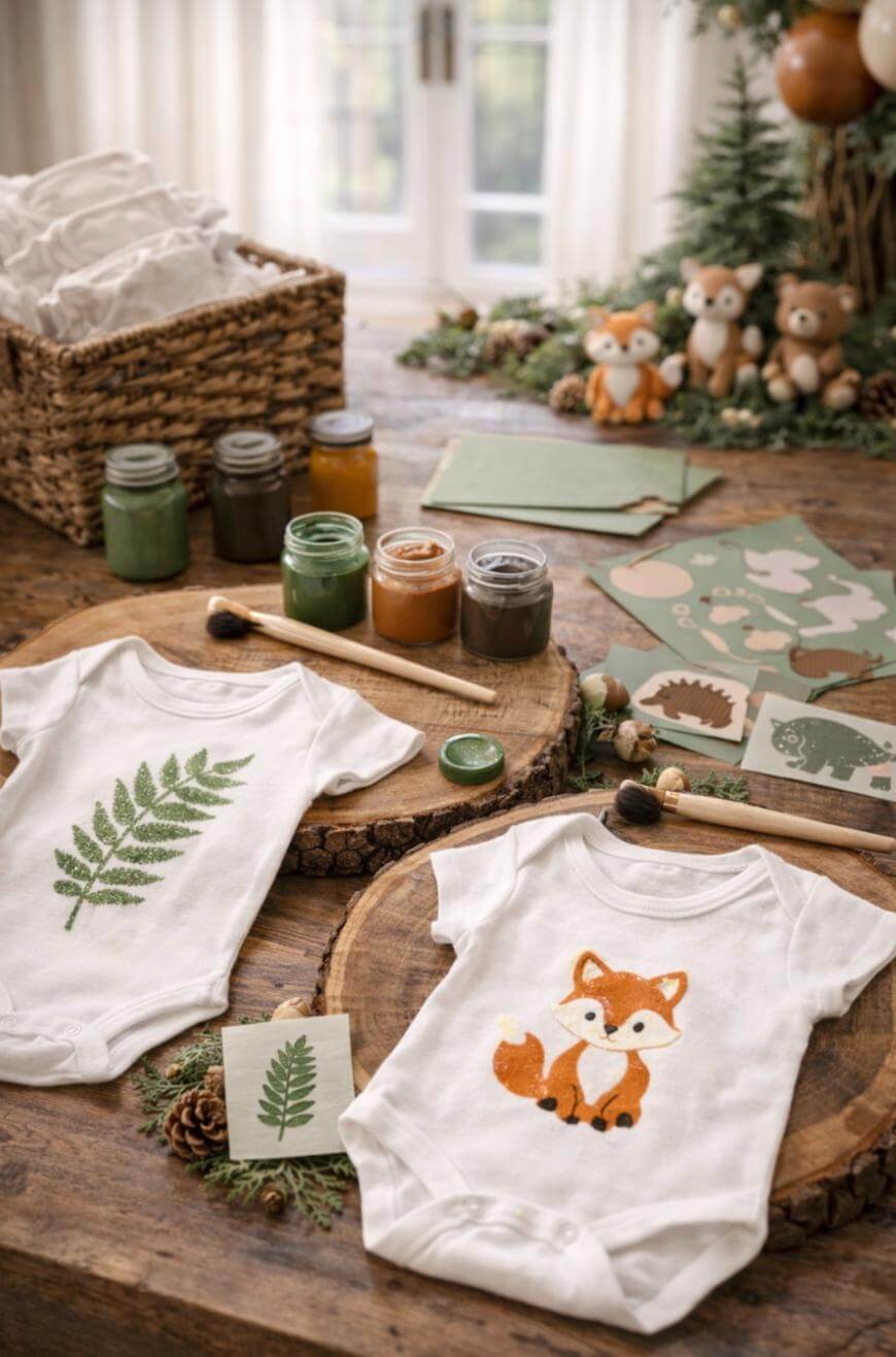 Two white baby onesies lay on wooden slabs; one has a green fern print, the other a cute orange fox. Surrounding them are jars of paint, brushes, pinecones, and woodland animal decorations, evoking a nature-inspired theme.