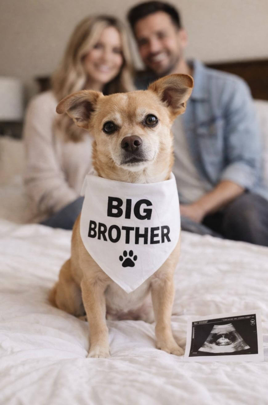 A small dog wearing a BIG BROTHER bandana sits on a bed with an ultrasound photo nearby. A smiling couple sits in the background, slightly out of focus.