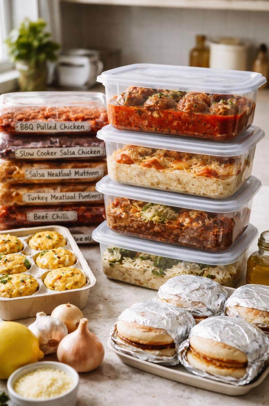 A kitchen counter filled with stacked containers of prepared meals, including labeled bags of meat dishes, baked egg muffins, foil-wrapped sandwiches, and jars of sauce, with fresh ingredients like garlic and lemons nearby.