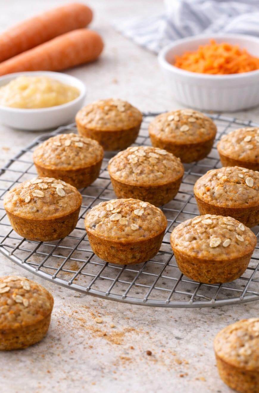 A cooling rack with twelve oat-topped muffins sits on a light countertop. In the background are a bowl of applesauce, a bowl of grated carrots, whole carrots, and a striped cloth.