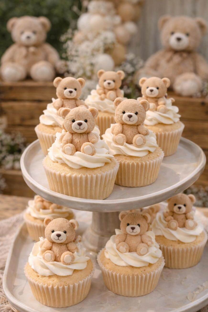Vanilla cupcakes topped with swirls of white frosting and decorated with small, edible teddy bear figures, displayed on a two-tiered stand. Blurry teddy bear toys and soft decorations in the background.
